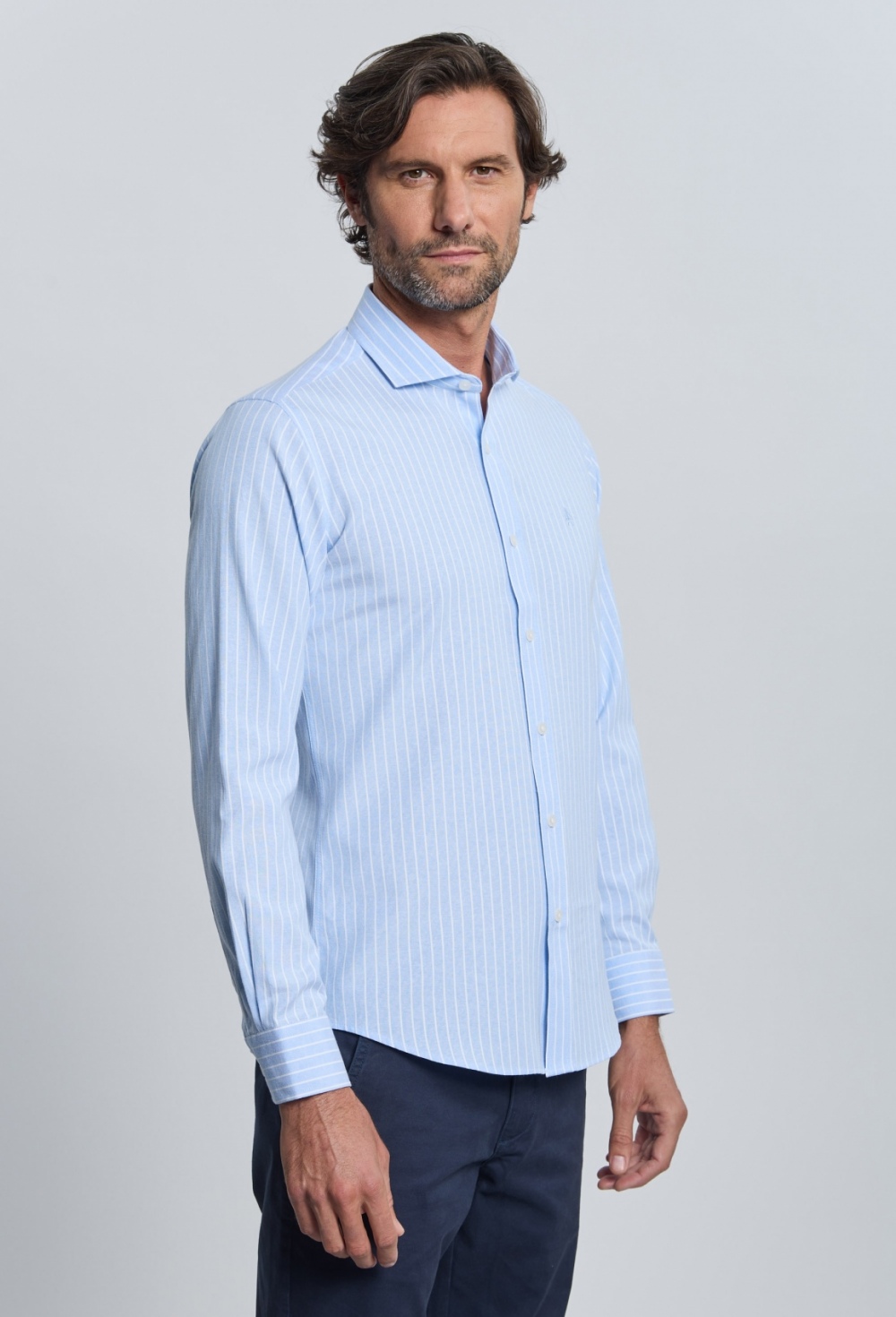 camisas - Camisa Oxford rayas celeste cuello italiano I25H-6346-CEL