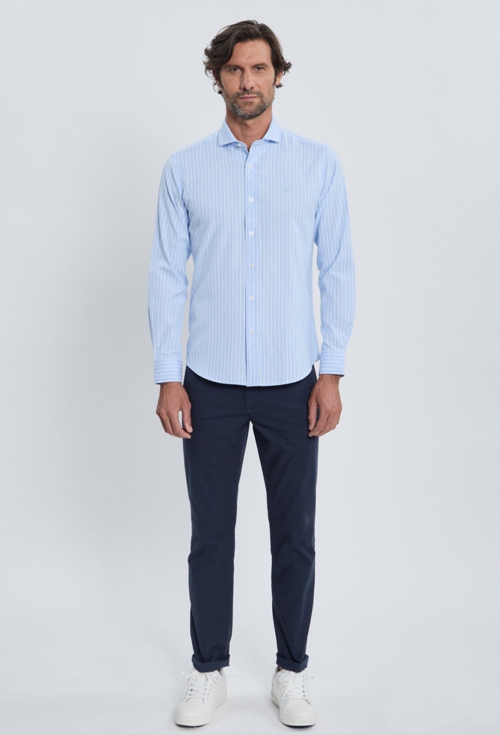camisas - Camisa Oxford rayas celeste cuello italiano